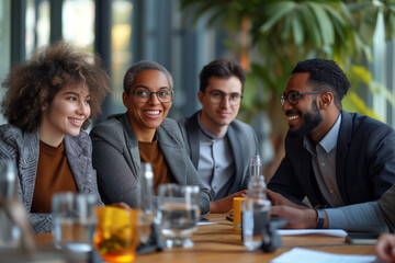 A group of diverse professionals engage in a lively discussion during a collaborative team meeting in a bright office environment.