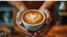 Hands Of A Male Barista Holding A Cup Of Coffee Decorated With A Heart On Milk Foam, Poster, Banner