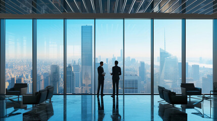 interview scene in a skyscraper office, panoramic cityscape view through glass windows, two professi