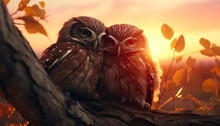 Recreation Of A Small Owls Couple Curled Up At Sunset In A Tree