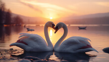 Recreation Of Two White Swans With Their Necks Forming The Figure Of A Heart At Sunset