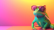 Cool Chameleon Wearing Sunglasses On A Solid Color Background, Copy Space. Cartoon Chameleon With Sunglasses On A Rainbow Background. 3d Illustration, Colorful Funny Chameleon