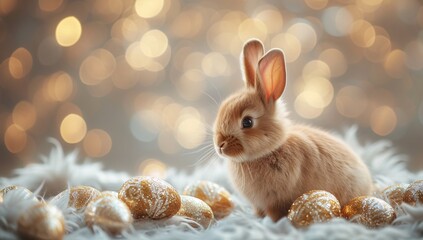 Canvas Print - A domestic bunny proudly holds a gleaming gold egg, showcasing its mammalian instincts and adding a touch of luxury to its outdoor habitat