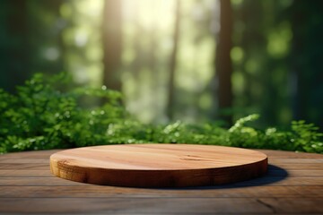 Wall Mural - empty wooden tabletop podium in garden open forest, blurred green plants background with space. organic product presents natural placement pedestal display, spring and summer concept.