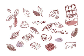 Doodle sketch chocolate and cocoa beans outline. Vector illustration with colored shapes. Hand drawn outline vector illustration. Suitable for wrapping, packaging, poster. Chocolate sliced, chips and