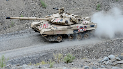 Canvas Print - A tank moves through arid terrain