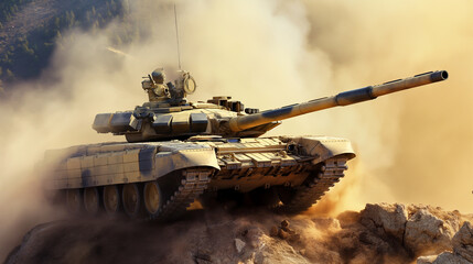 Canvas Print - A tank moves through arid terrain