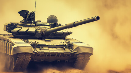 Canvas Print - A tank moves through arid terrain