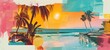 © Maxim - Artistic summer collage with palm trees and beach scenery in sunset hues, blending vintage charm with vibrant tropical colors and textures.