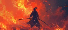 Dynamic Anime Art Of A Warrior In Traditional Attire, Poised With A Sword Against A Backdrop Of A Swirling Inferno, Embodying The Intensity Of Battle.