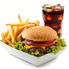 hamburger with french fries and cola isolated on white background