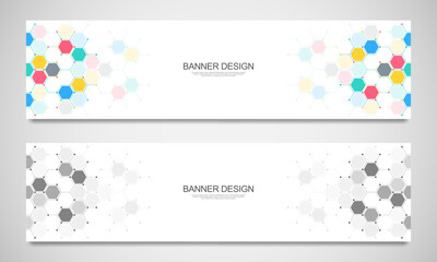 Wall Mural - Banner design templates and headers for site with molecular structures background and chemical engineering. Science, medicine and innovation technology concept.