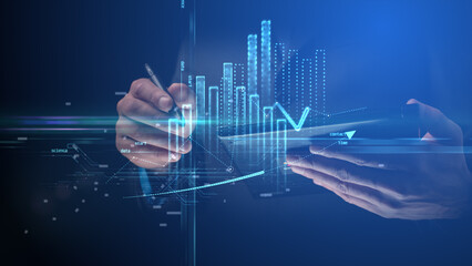 Male hands holding a graphics tablet and a light pencil, on the background of which graphs and icons with information security symbols are moving. Cg footage of modern business concept