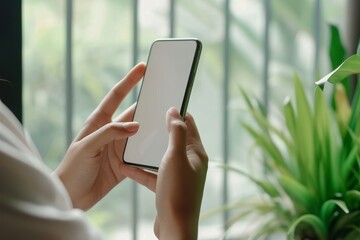 Canvas Print - Modern Lifestyle: Smartphone Usage in Bright, Plant-Filled Room