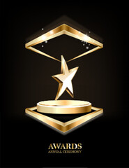 Wall Mural - Trophy gold star on podium glitter light effects decorations and bokeh. Vector illustration.