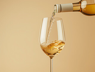 Sequence of white wine being poured into a glass. Beige background with dynamic liquid motion. Beverage tasting and luxury concept for design and print. Studio photography series with place for text