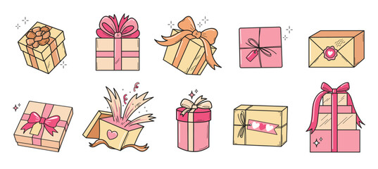 Present packages for holiday. Vector doodle set for Valentine's Day or girl baby shower.