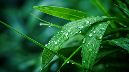 water droplets on fresh green leaves nature