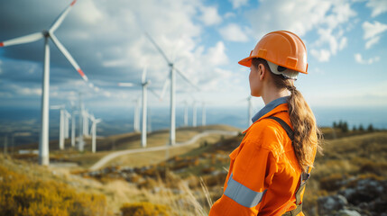 woman Engineer standing in a field at a wind farm, the silhouette of a person in a field at sunset, Concept of sustainability development by alternative energy