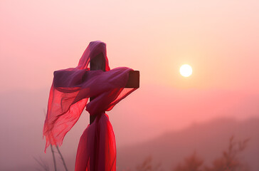 Wall Mural - Sunset Christian cross with a red scarf tied to it, easter religious background