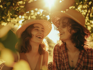 Canvas Print - Two young girls in straw hats