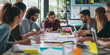 creative brainstorming session in a content marketing agency, diverse team collaborating around a table filled with notes, digital devices, and mind maps, vibrant and energetic atmosphere