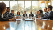 © Marco Attano - corporate meeting focused on compliance, featuring diverse professionals engaged in a serious discussion around a large, polished conference table