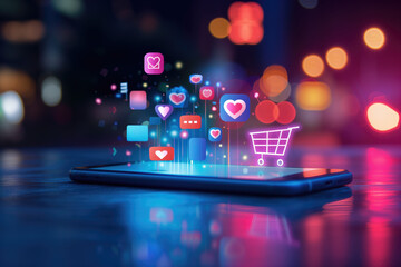 Social media marketing concept on mobile smart phone with notification icons of love, message, comment, chat, email. and shopping cart smartphone hologram screen