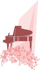 Wall Mural - acoustic grand piano for outdoors classical music concert standing on sakura tree pink flower branches vector design