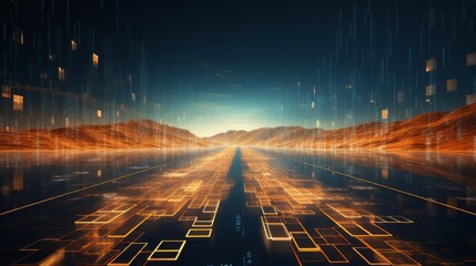 Wall Mural - abstract futuristic digital code road - 3d illustration of a cybernetic highway network for technolo