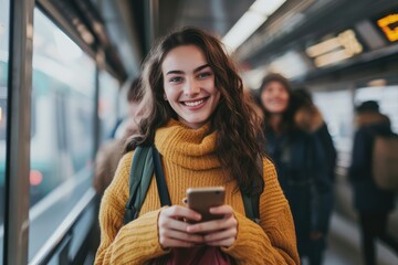 Wall Mural - Candid waist up view of casually dressed commuter hanging onto stanchion and pausing from text messaging to smile at camera. 