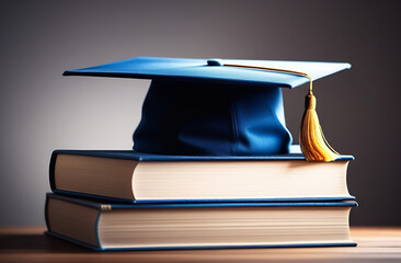 University master cap with books on grey background. Master grade of education, master grade of online education, edvanced training, university studying