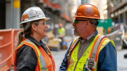 Engineers in Discussion at Urban Construction Site.
Two construction engineers in hard hats and high-visibility vests talking with a building site in the background.