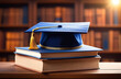 © VVstudio - University master cap with books on blurred background of books. Master grade of education, master grade of online education, edvanced training, university studying
