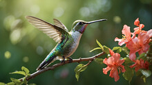 Delicate Ballet Of A Hummingbird As It Hovers And Then Gracefully Lands On A Slender Branch And Its Iridescent Feathers Catching The Sunlight Against A Lush Green Backdrop Of Nature