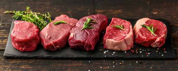 Variety of fresh black angus prime raw beef steaks