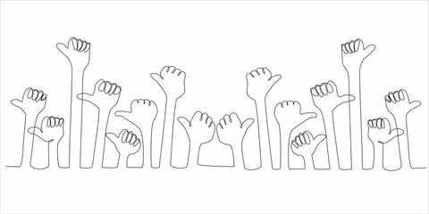 Wall Mural - continuous line drawing of group of people raising their hands vector illustration