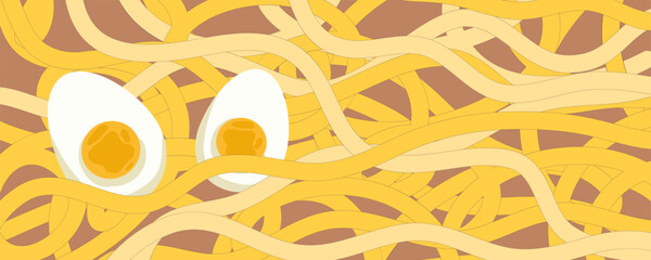 Noodle Ramen Pattern with egg background. Pasta food texture spaghetti geometric. Abstract ramen ornament. Flat vector illustration. Wave texture background