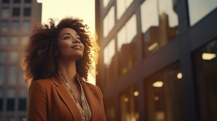  urban city and black woman for travel, fashion influencer and outdoor journey in street with natural afro hair. Walking, carbon capture and freedom, happy and young person on road in portrait