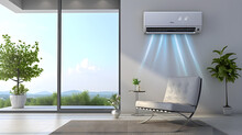 A White Air Conditioner Hangs On The Wall In A Bright Room 