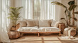 Couch in  bokeh style living room and tropical plants.