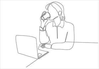 Wall Mural - continuous line of women drinking tea in front of laptop