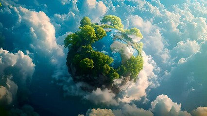 a detailed earth planet with trees, rocks and blue water on it, surrounded by clouds. sustainable sc