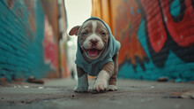 American Bully Puppy In A Hoodie On A Brick Wall Background.
