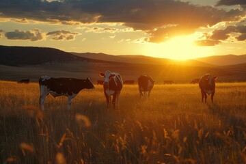 some cows outdoor at sunset getting ready for the night.