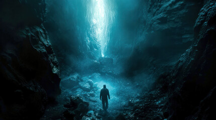 Poster - A man walking through a dark valley toward the heavenly light trusting in God Generative AI Illustration
