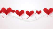 Continuous Line Heart Shape Border With Realistic Paper Cut Style. White Background With Red Hearts