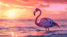 Pink Flamingo In The Water With Sunset Background 