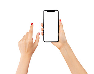 Hand holding smartphone isolated on white background.