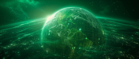 Digital earth holographic in green, composed of 1s and 0s conveying a digital world concept